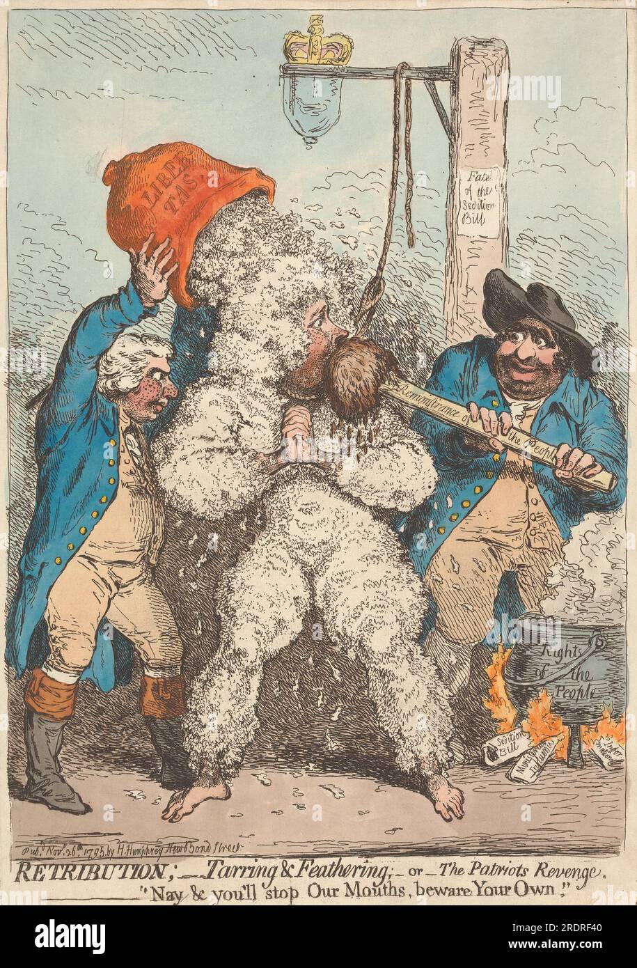 Retribution; - Tarring and Feathering; - or - The Patriots Revenge, - Nay You'll Stop Our Mouths, Beware Your Own 1795 by James Gillray Stock Photo