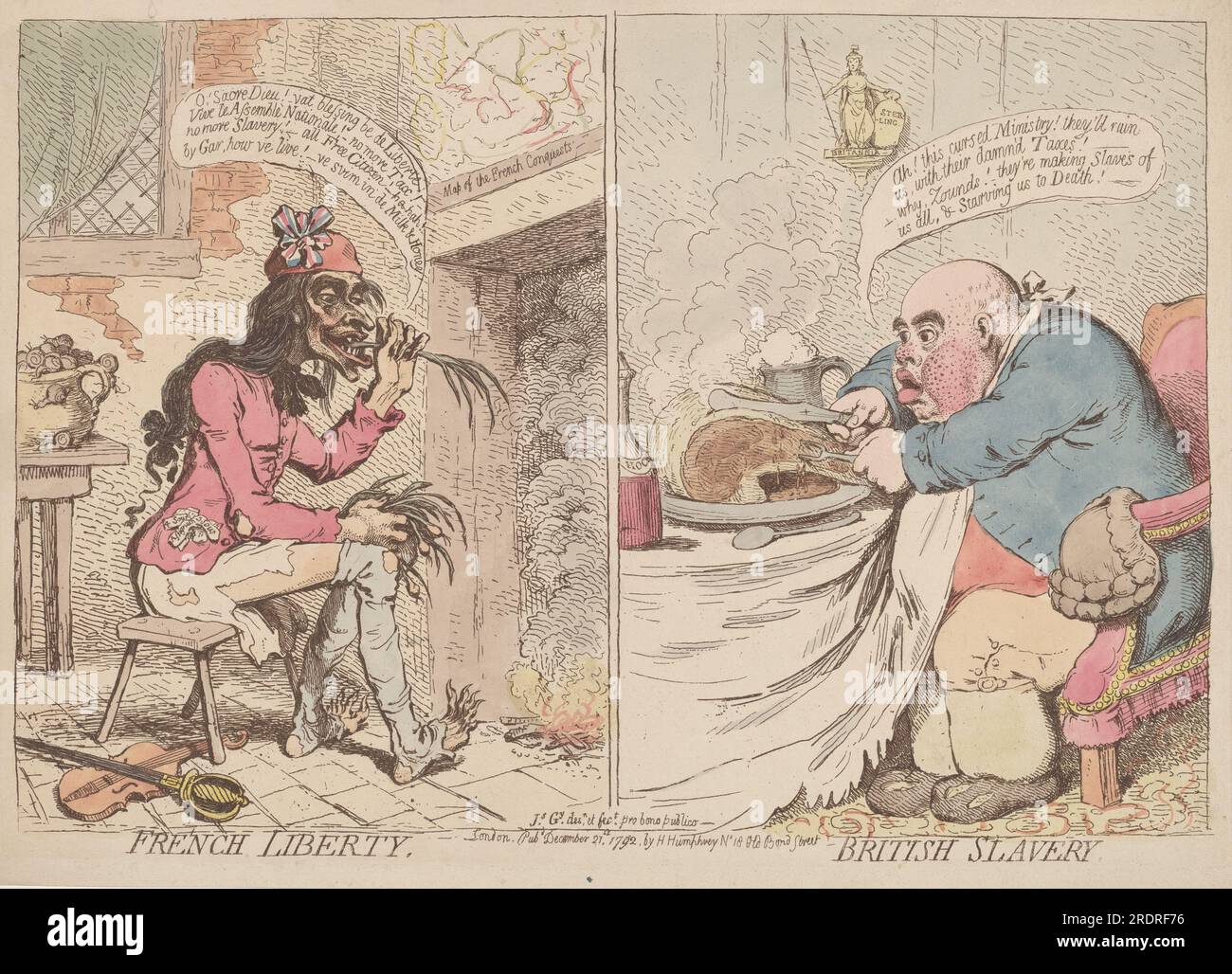 'James Gillray, French Liberty and British Slavery, 1792, etching, hand-colored with watercolor by the publisher, on laid paper, plate: 24.4 x 35.2 cm (9 5/8 x 13 7/8 in.) sheet: 25.9 x 36.2 cm (10 3/16 x 14 1/4 in.), Ailsa Mellon Bruce Fund, 2012.45.2' Stock Photo