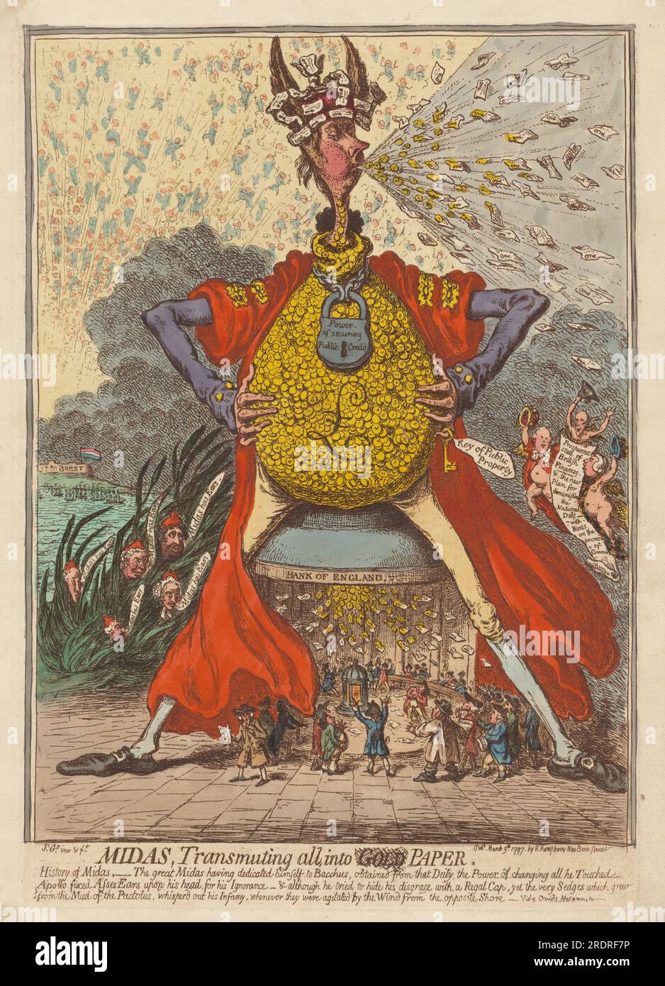 'James Gillray, Midas, Transmuting All into Paper, 1797, etching with publisher's hand-coloring in watercolor on laid paper, plate: 35.3 × 24.8 cm (13 7/8 × 9 3/4 in.) sheet: 40.8 × 29 cm (16 1/16 × 11 7/16 in.), Purchased as an Anonymous Gift, 2015.49.1' Stock Photo