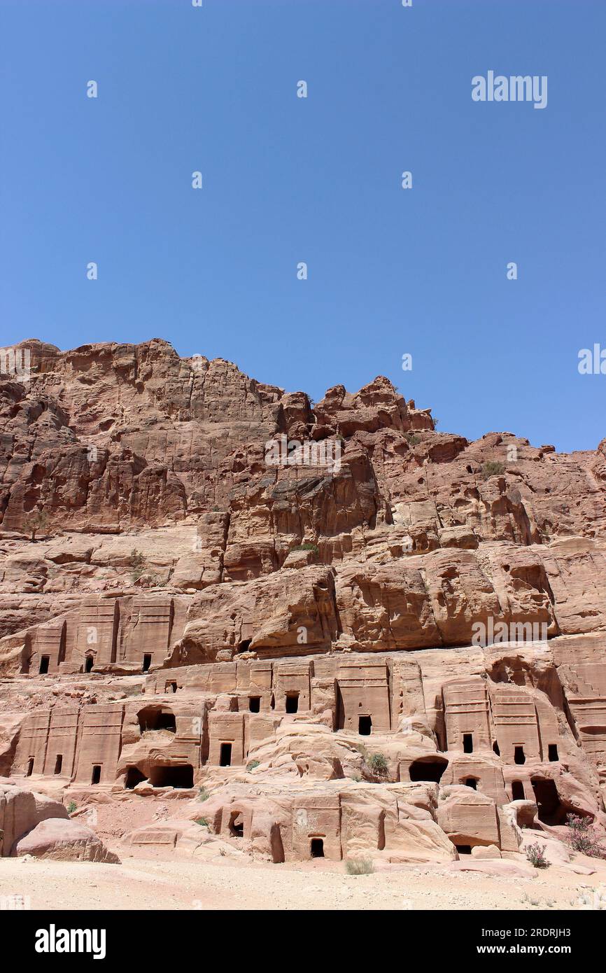 Petra - Street of Facades - monumental Nabataean tombs on a southern cliff face past the Treasury include some senior officials in the city or princes Stock Photo