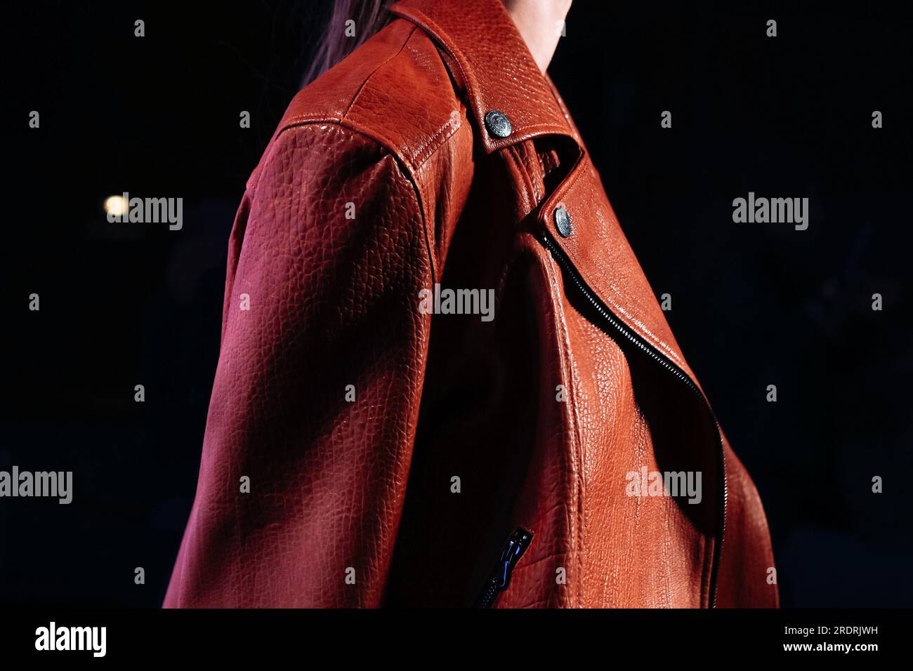 Fashionable details of brown leather classy jacket Designer collection clothes. Stock Photo
