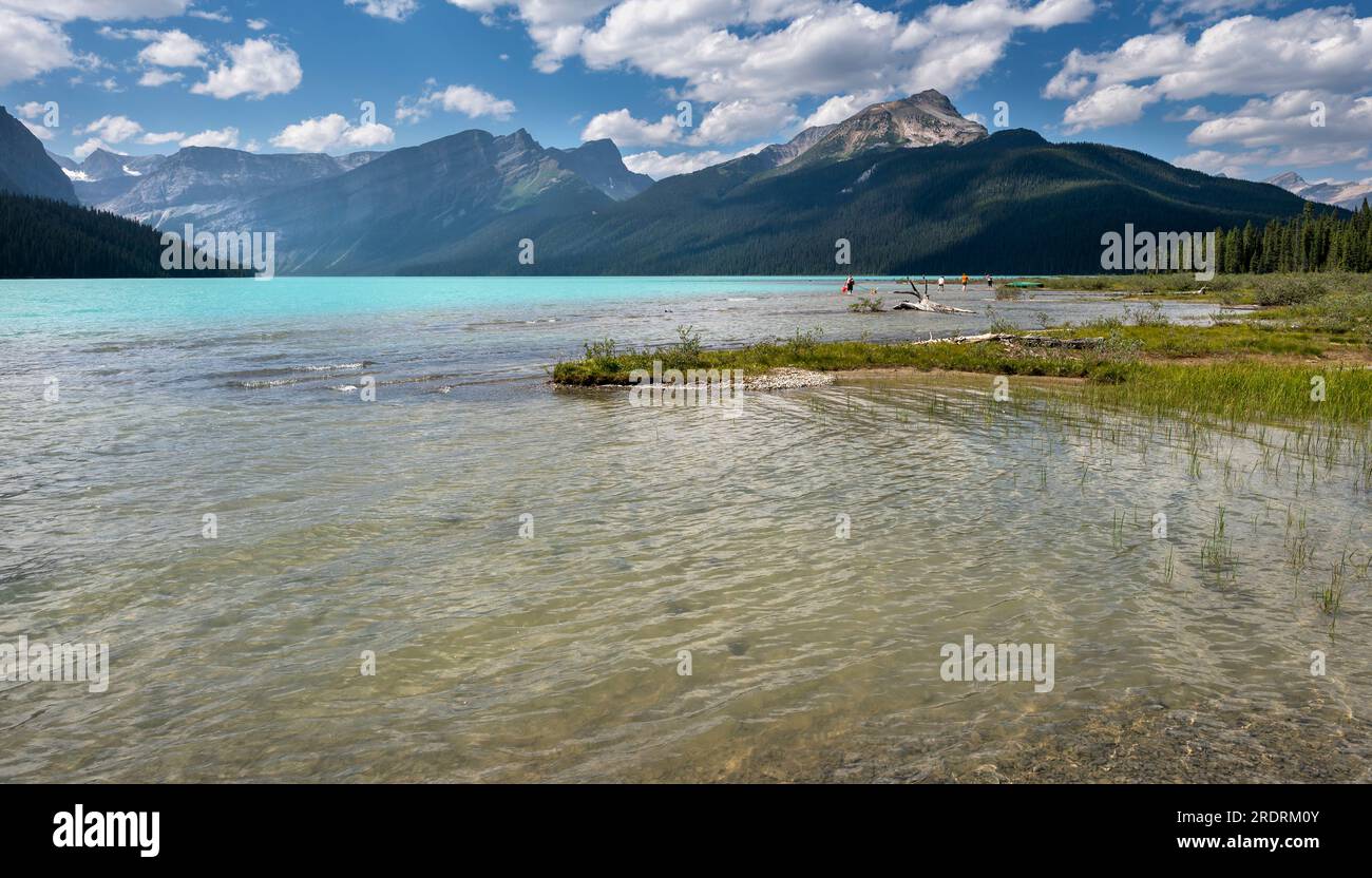 View of Hector Lake and distant people in Banff National Park, Alberta, Canada Stock Photo