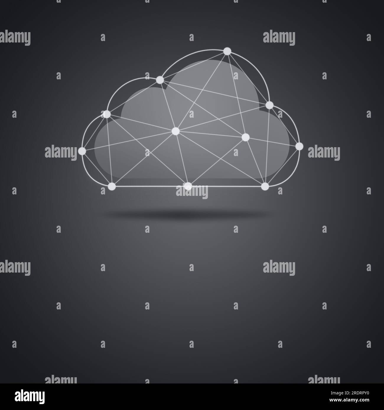 Floating cloud above gray background with mesh polygon wireframe. Cloud computing, networking, communication and technology concept in black and white Stock Photo