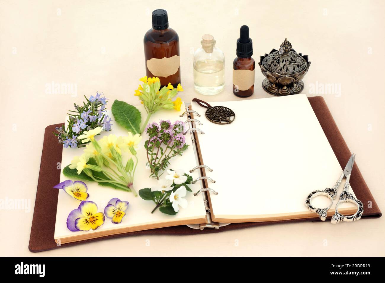Naturopathic herbal medicine preparation with flowers, herbs and essential oil bottles with notebook. Natural floral nature healthcare concept . Stock Photo