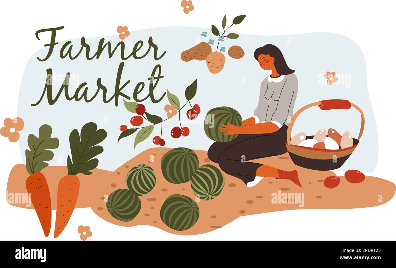 Ecological food and natural products on farmer market, woman gathering harvest. Watermelons and carrots, potato and tomatoes. Grocery and vegetables, Stock Vector