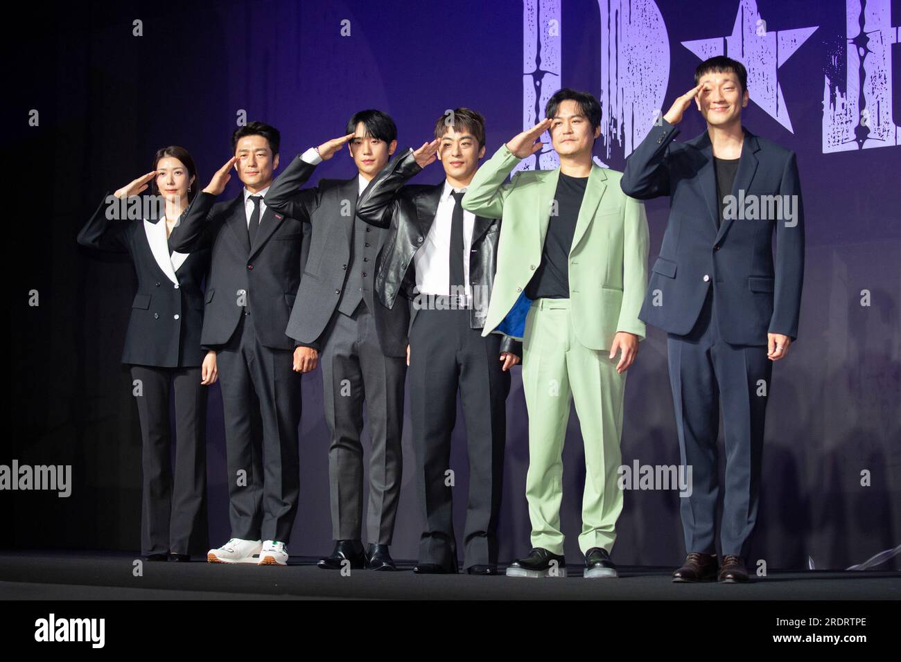 Kim Ji-Hyun, Ji Jin-Hee, Jung Hae-In, Koo Kyo-Hwan, Kim Sung-Kyun and Son Suk-Ku, July 18, 2023 : (L-R) South Korean actors Kim Ji-Hyun, Ji Jin-Hee, Jung Hae-In, Koo Kyo-Hwan, Kim Sung-Kyun and Son Suk-Ku pose during a press conference for Netflix's drama, D.P. Season 2, in Seoul, South Korea. The military drama follows the Army's Deserter Pursuit (D.P.) team and it is based on webtoon series of Kim Bo-Tong. D.P. Season 2 is going to hit the platform on July 28. Credit: Lee Jae-Won/AFLO/Alamy Live News Stock Photo