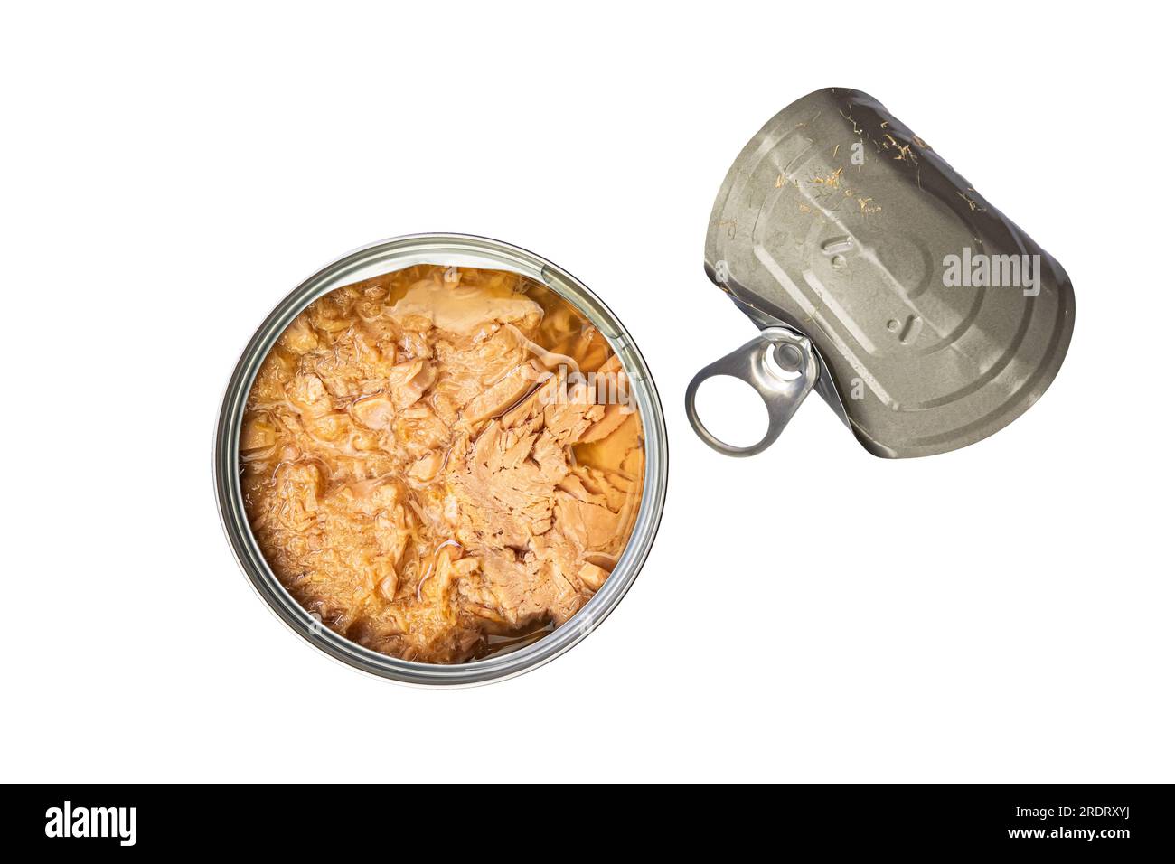 Top view of opened tin canned tuna fish with lid isolated on white