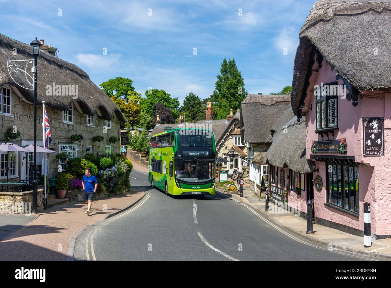 Southern Vectis doubledecker bus driving through Shanklin Old Village