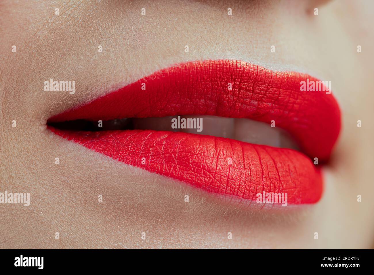 Woman red lips close-up view Stock Photo