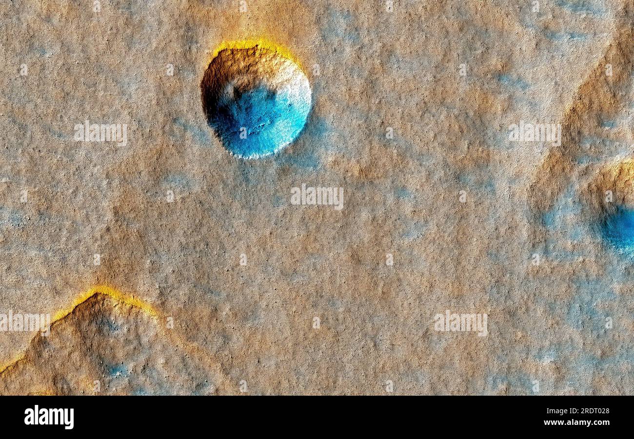 Planet Mars Exploration.A crater in Scalloped Terrain. This land detail was formed by sublimation, not by impact. Digital enhancement of an image by NA Stock Photo