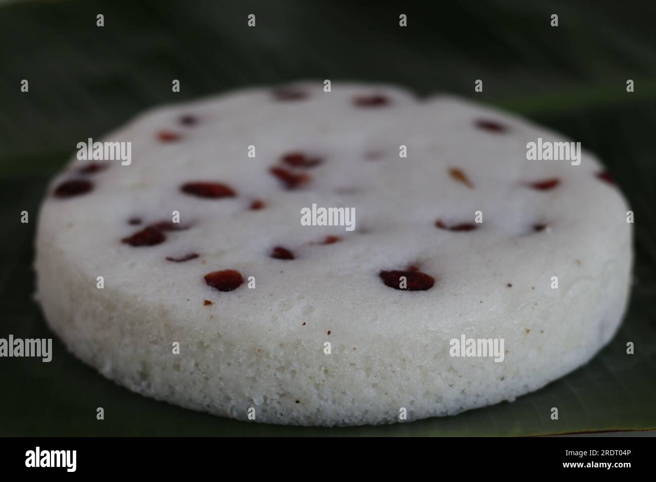 Vattayappam. Steamed spongy rice cake topped with dried cranberries. A