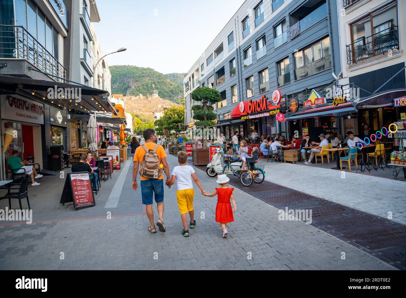 Fethiye, Turkey June 9, 2023 Street of old town Fethiye with cafes and small shops, Turkey