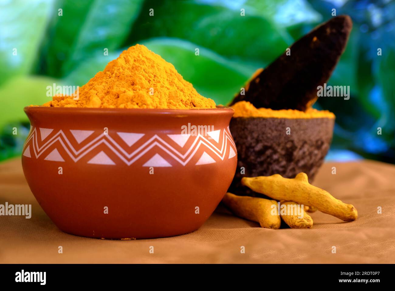Dry turmeric powder (curcuma longa linn) stone mortar, traditional