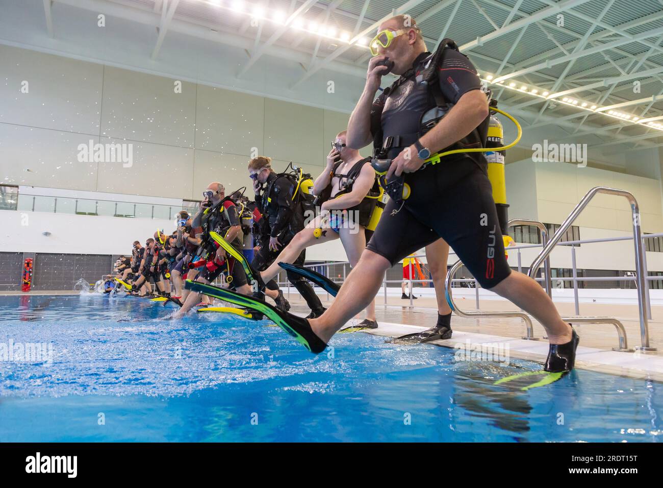 An amateur diving group using the Sandwell Aquatics Centre after it was used for the  Birmingham 2022 Commonwealth Games swimming and diving events Stock Photo