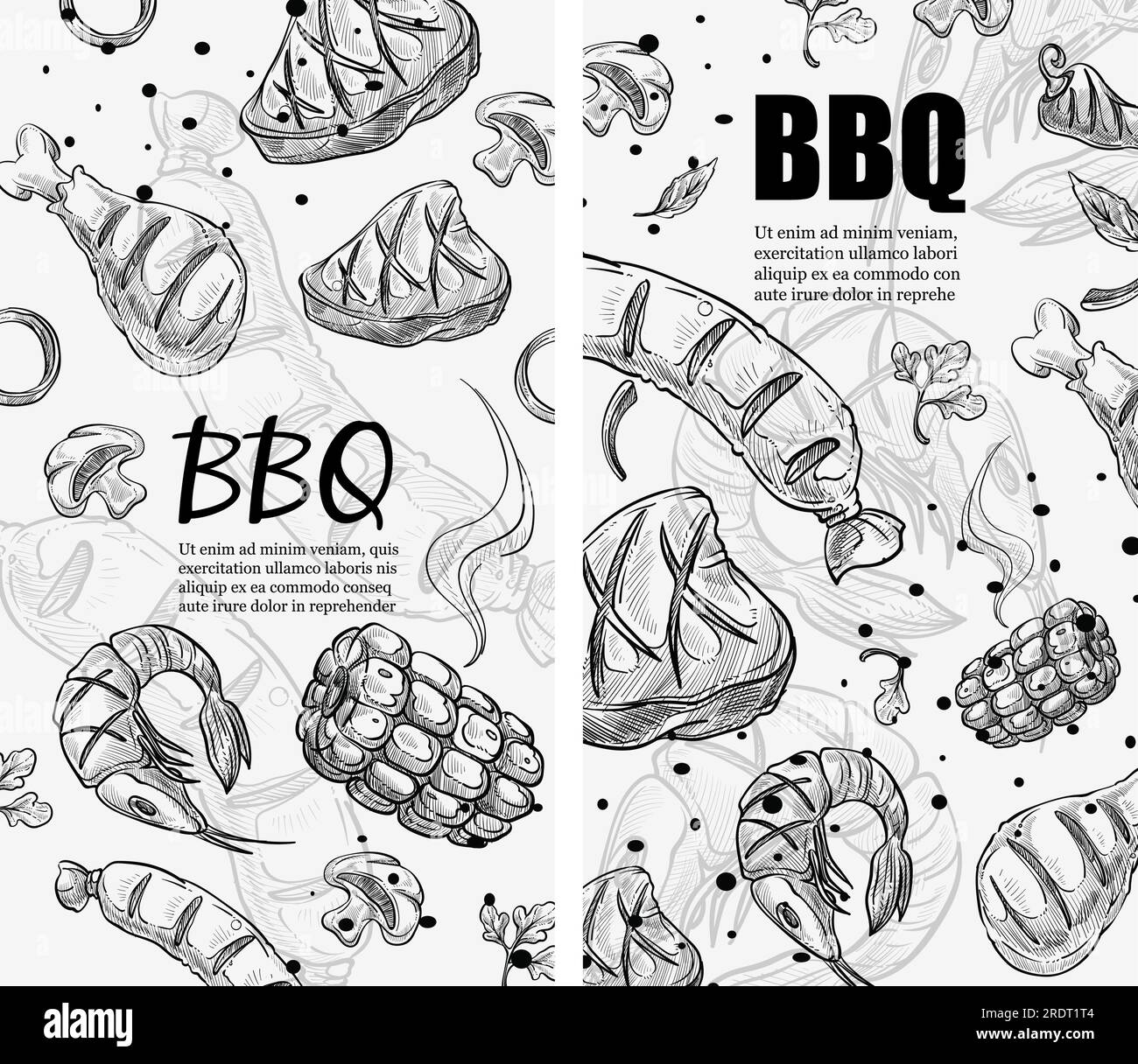 Grilled meat and steaks, bbq dishes roasted seafood shrimps and vegetables. Cooking and preparing tasty filling food. Cafe or restaurant menu, adverti Stock Vector