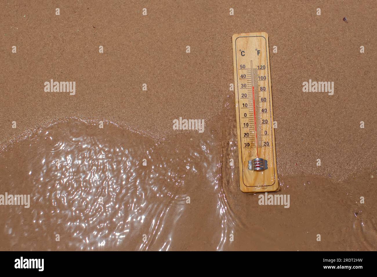 Thermometer on sand on a beach showing high temperature. Hot weather