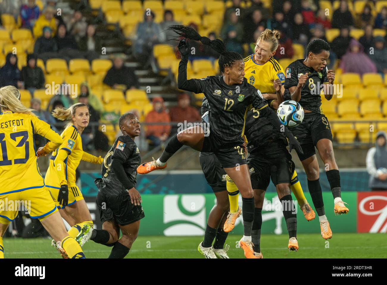 Wellington, New Zealand. 23rd July, 2023. South African midfielders Linda Motlhalo (10, South Africa) and Hildah Magaia (8, South Africa) jump for the ball. Sweden vs South Africa. Group G. Fifa Women's World Cup 2023 Australia and New Zealand. Sweden wins 2-1 in Wellington. New Zealand. (Joe Serci/SPP) Credit: SPP Sport Press Photo. /Alamy Live News Stock Photo