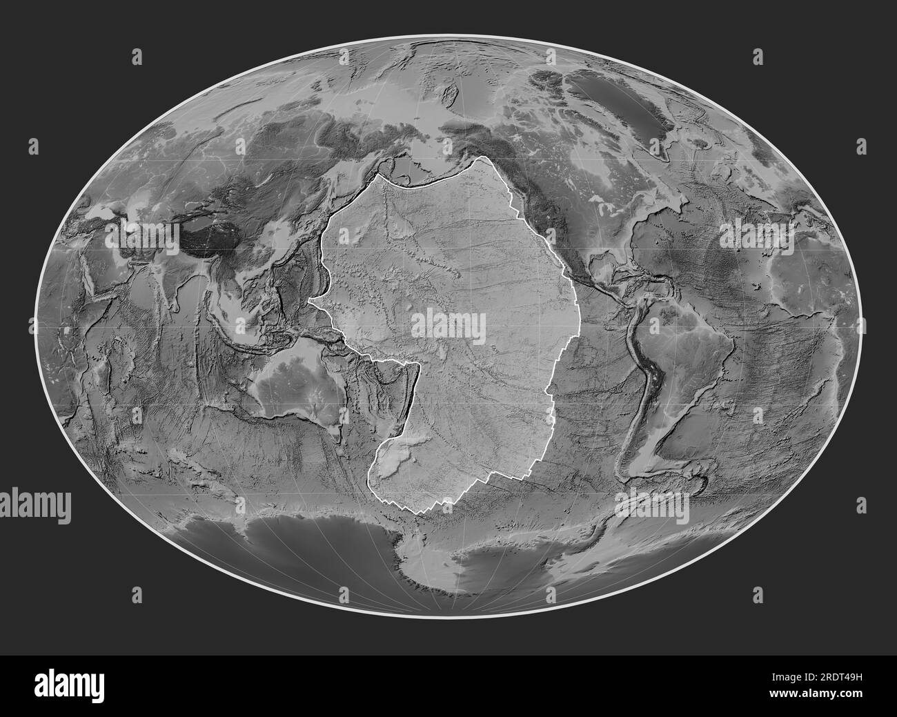 Pacific tectonic plate on the grayscale elevation map in the Fahey Oblique projection centered meridionally and latitudinally. Stock Photo