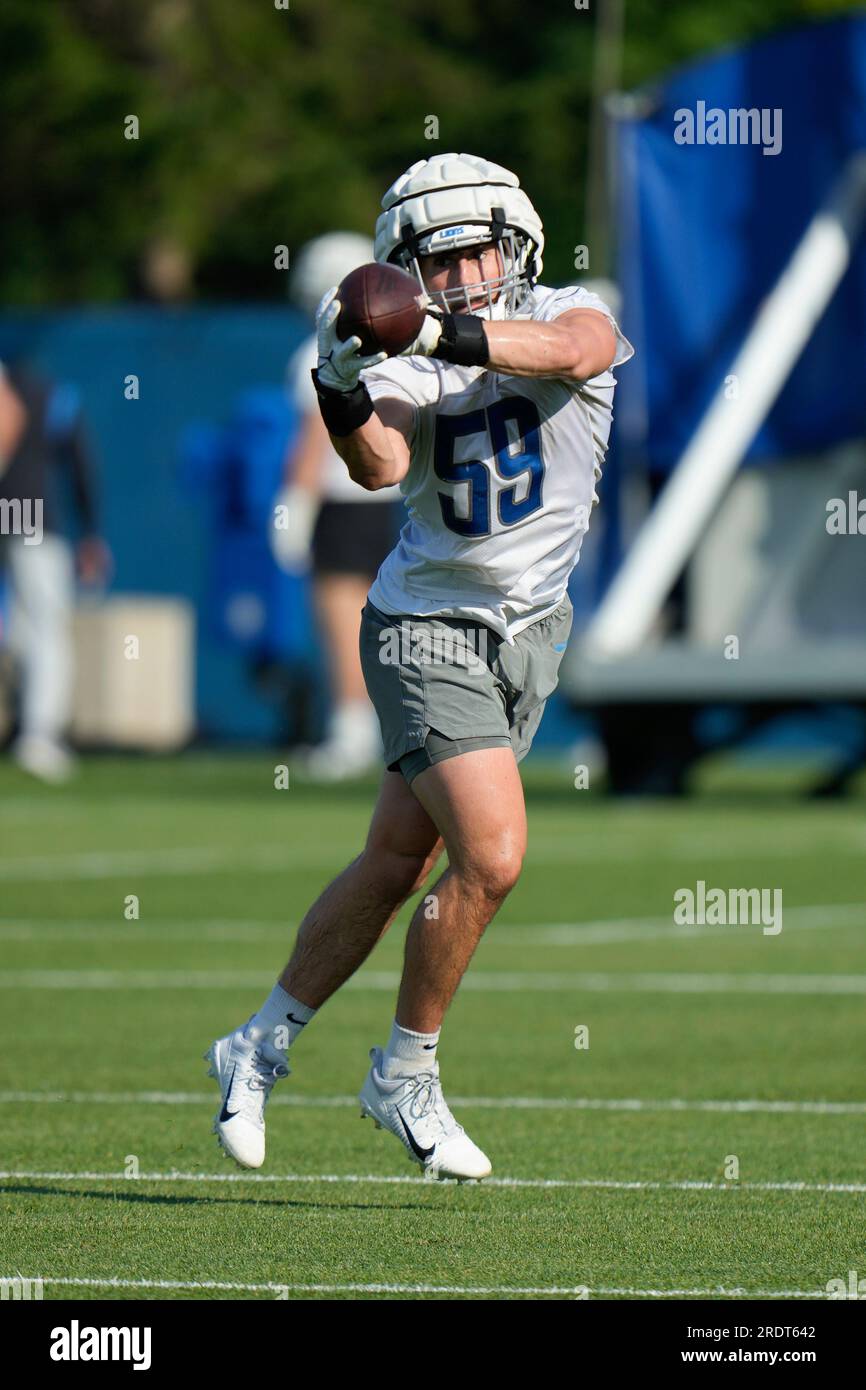 Detroit Lions linebacker Trevor Nowaske (59) breaks up a pass intended for  Carolina Panthers tight end Ian Thomas (80) during a preseason NFL football  game Friday, Aug. 25, 2023, in Charlotte, N.C. (