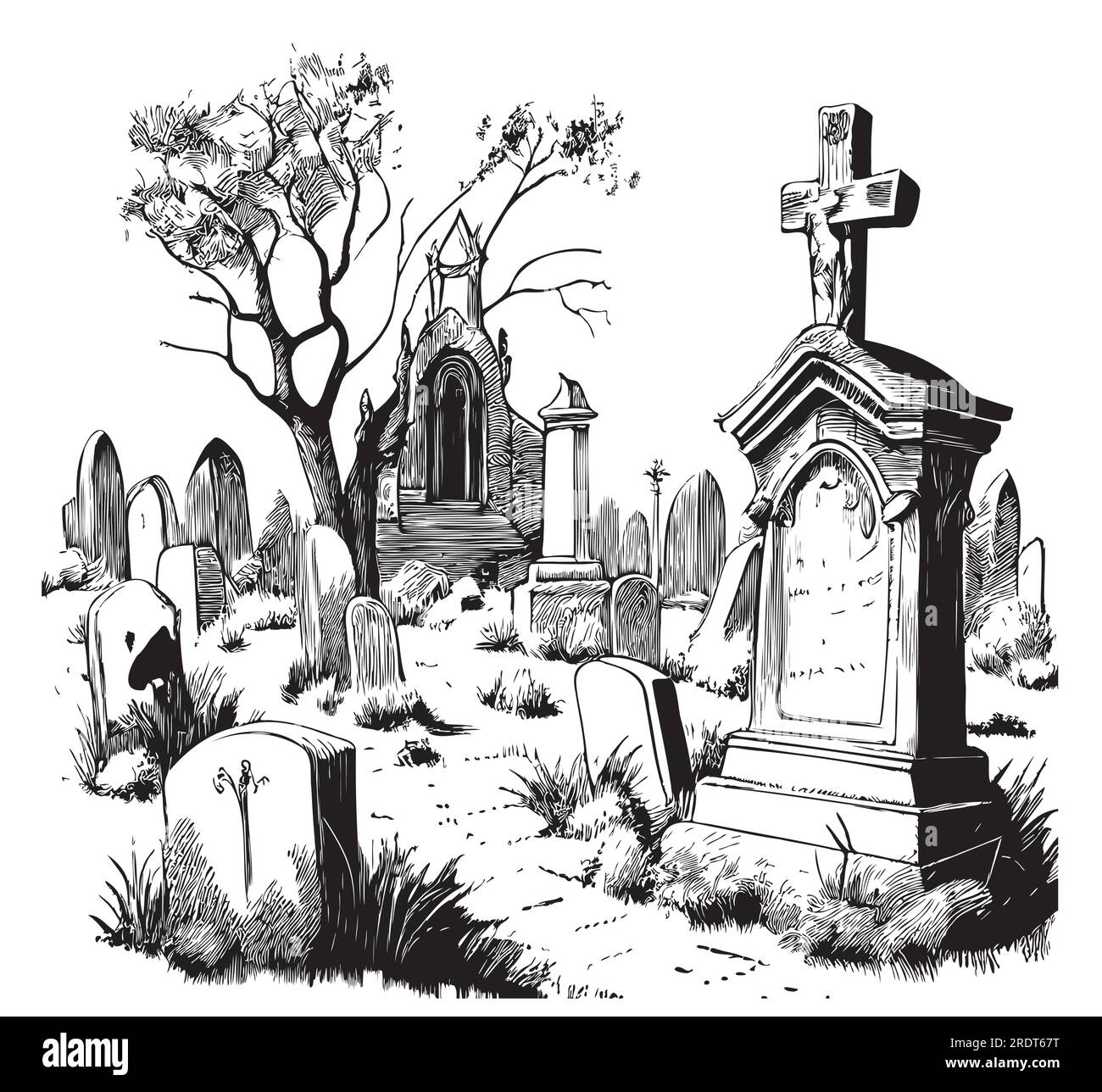 Ancient old cemetery hand drawn sketch Vector illustration Stock Vector