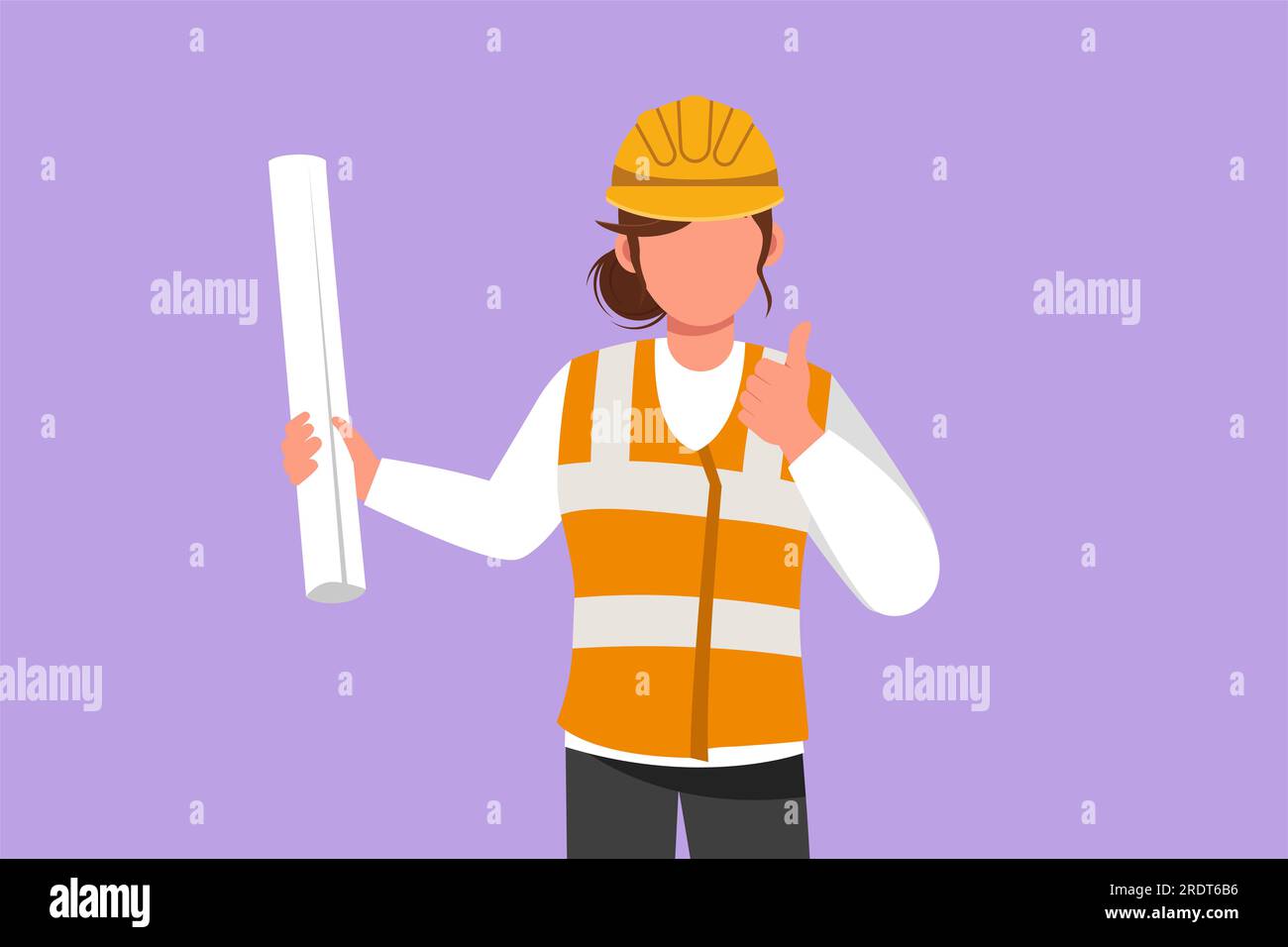 Character flat drawing female architect wearing vest and helmet with thumbs up gesture, carrying blueprint paper for the building work plan. Builder o Stock Photo