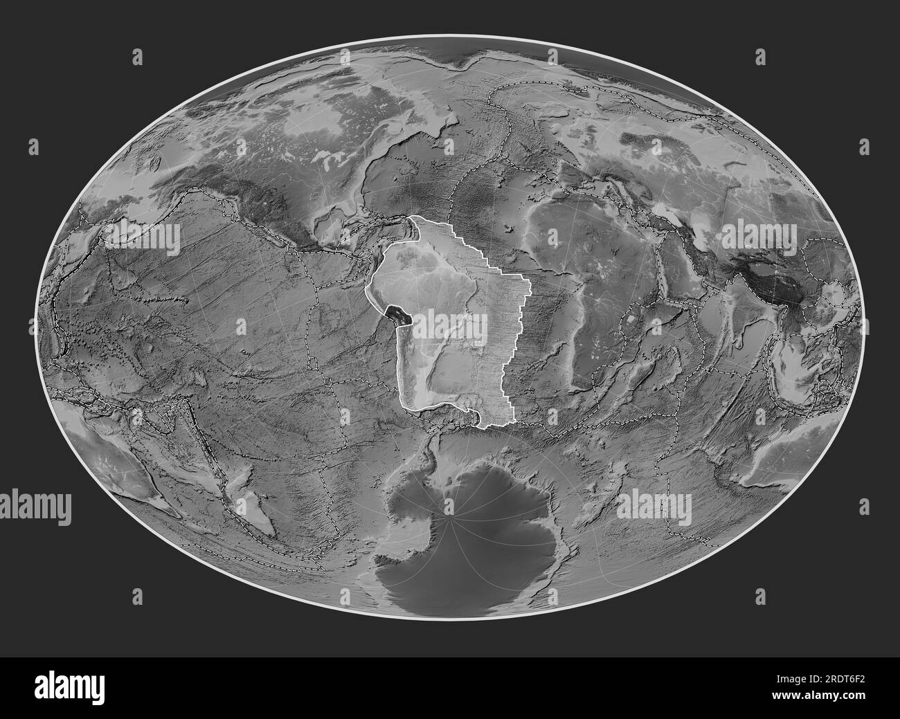 South American tectonic plate on the grayscale elevation map in the Fahey Oblique projection centered meridionally and latitudinally. Boundaries of ot Stock Photo