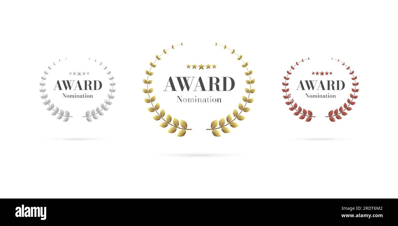 Award Winner emblem collection of gold, silver and bronze laurel wreath