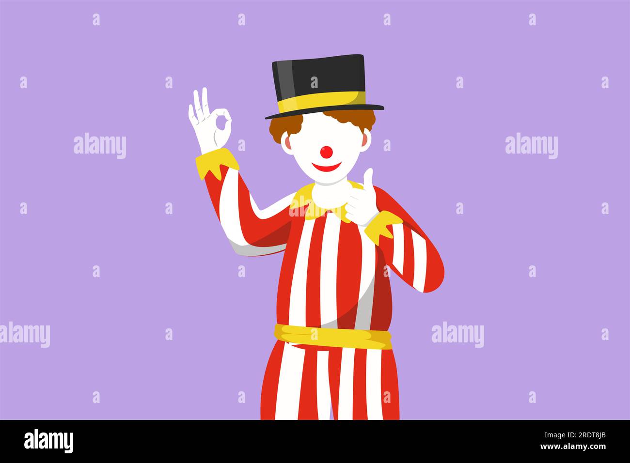 Character flat drawing male clown hand say hi and the other hand with okay gesture. Wearing hat and smiling face makeup. Entertain kids at birthday pa Stock Photo