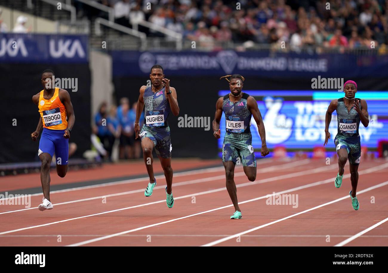 Left to right, Letsile Tebogo of Botswana, Zharnel Hughes of Great Britain, Noah Lyles of the USA and Alexander Ogando of the Dominican Republic in the Men's 200m during The London Athletics Meet at the London Stadium. Picture date: Sunday July 23, 2023. Stock Photo