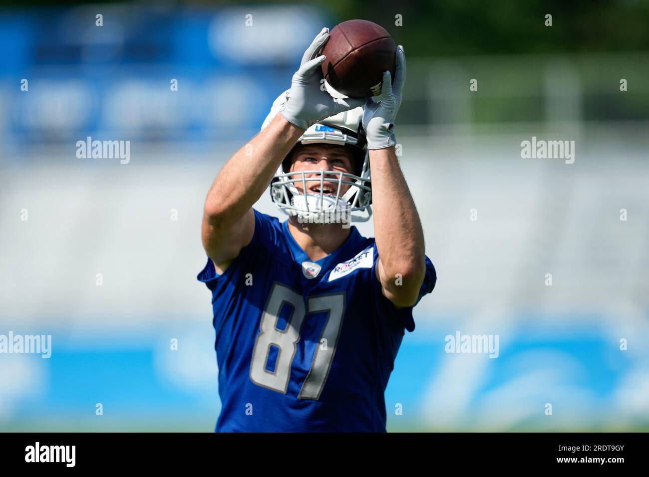 Detroit Lions tight end Sam LaPorta (87) walks off the field after a win  against the Kansas City Chiefs during an NFL football game Thursday, Sept.  7, 2023, in Kansas City, Mo. (