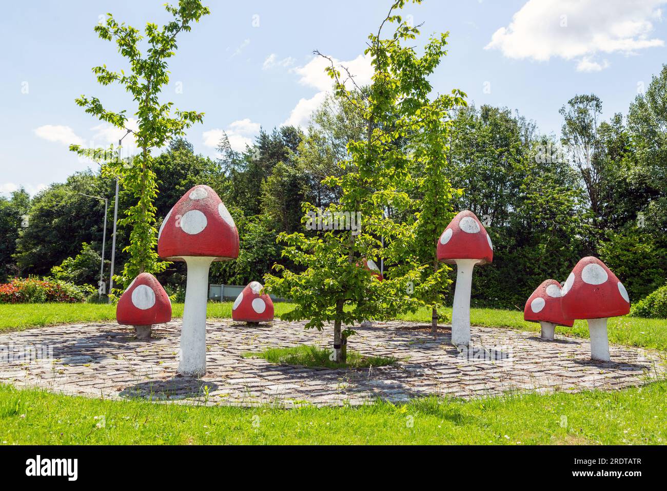 Modern art mushrooms on a roundabout in Glenrothes Fife Scotland. Stock Photo