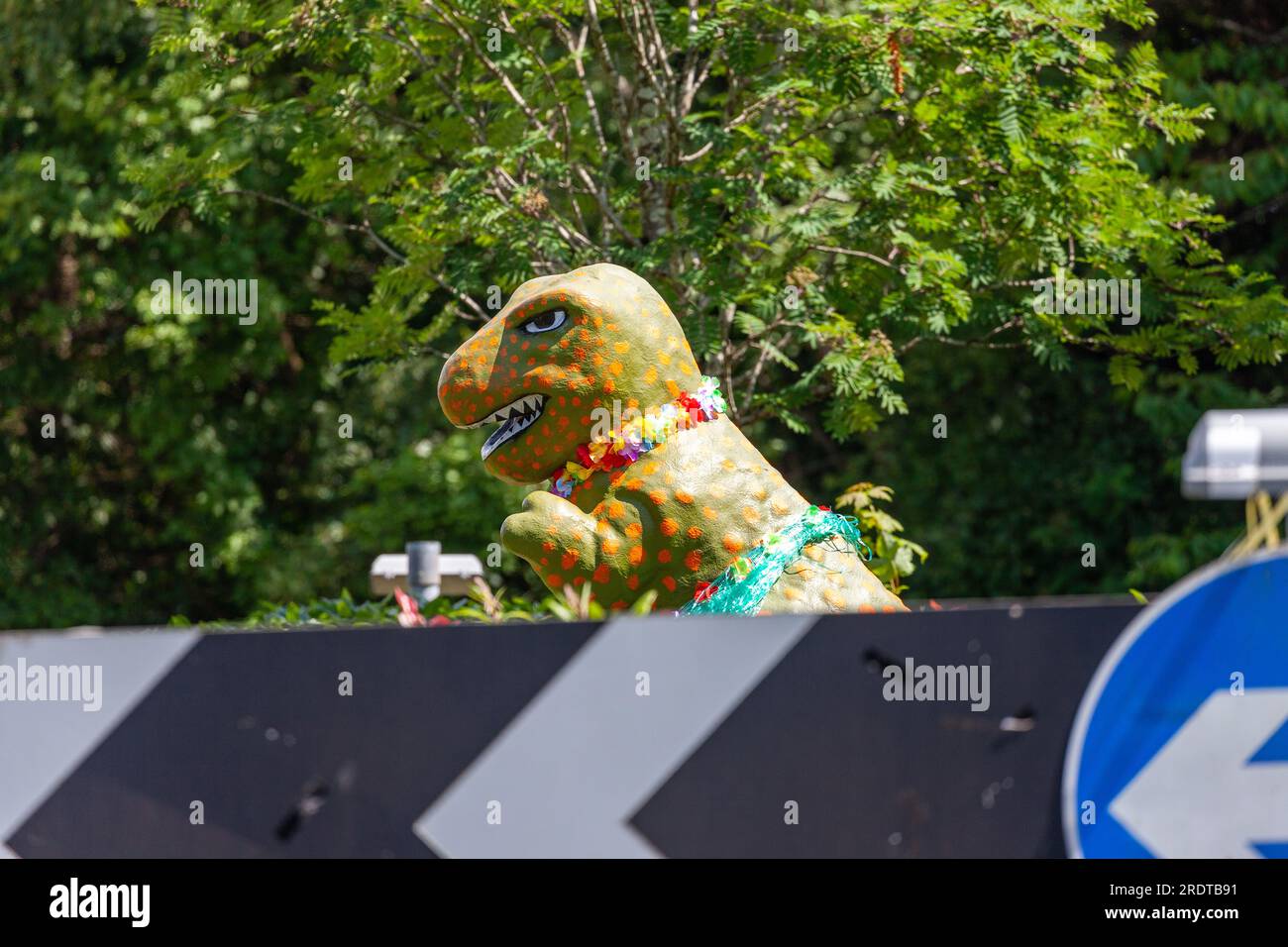 Plastic Dinosaur on the Caskieberran roundabout in Glenrothes Fife Scotland. Stock Photo