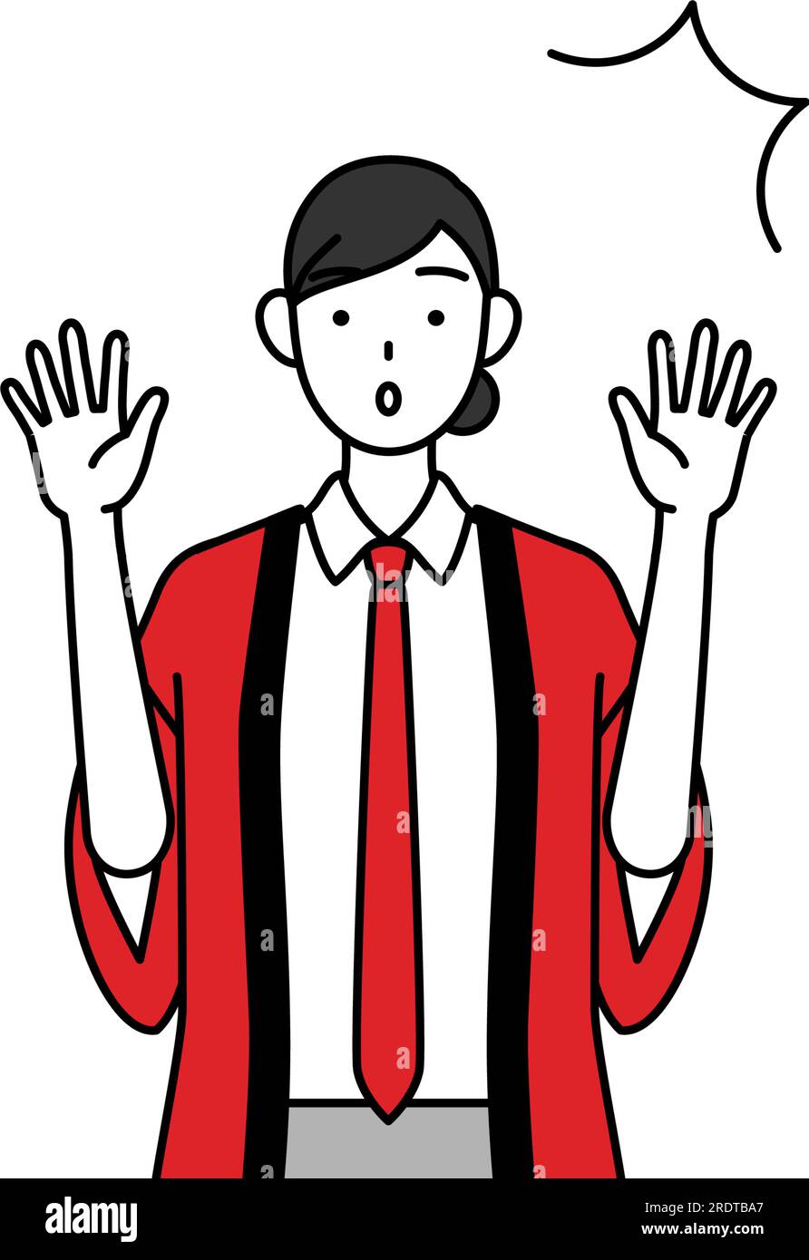 Woman wearing a red happi coat raising her hand in surprise, Vector