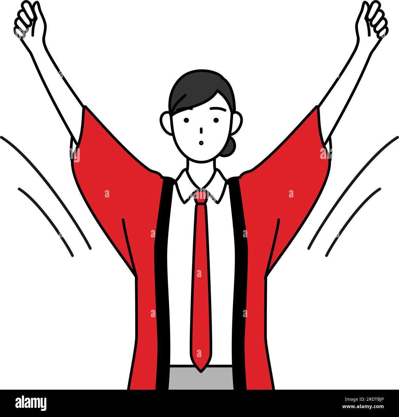 Woman wearing a red happi coat doing radio calisthenics, preparation ...