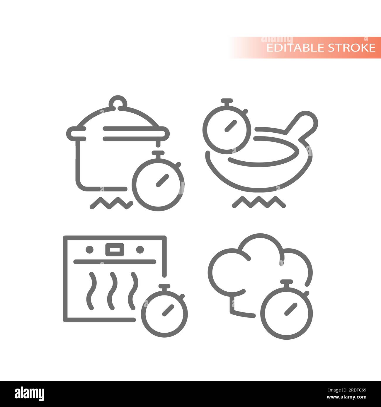 Cooking time line vector icon set. Clock with oven, cap, pot and pan ...