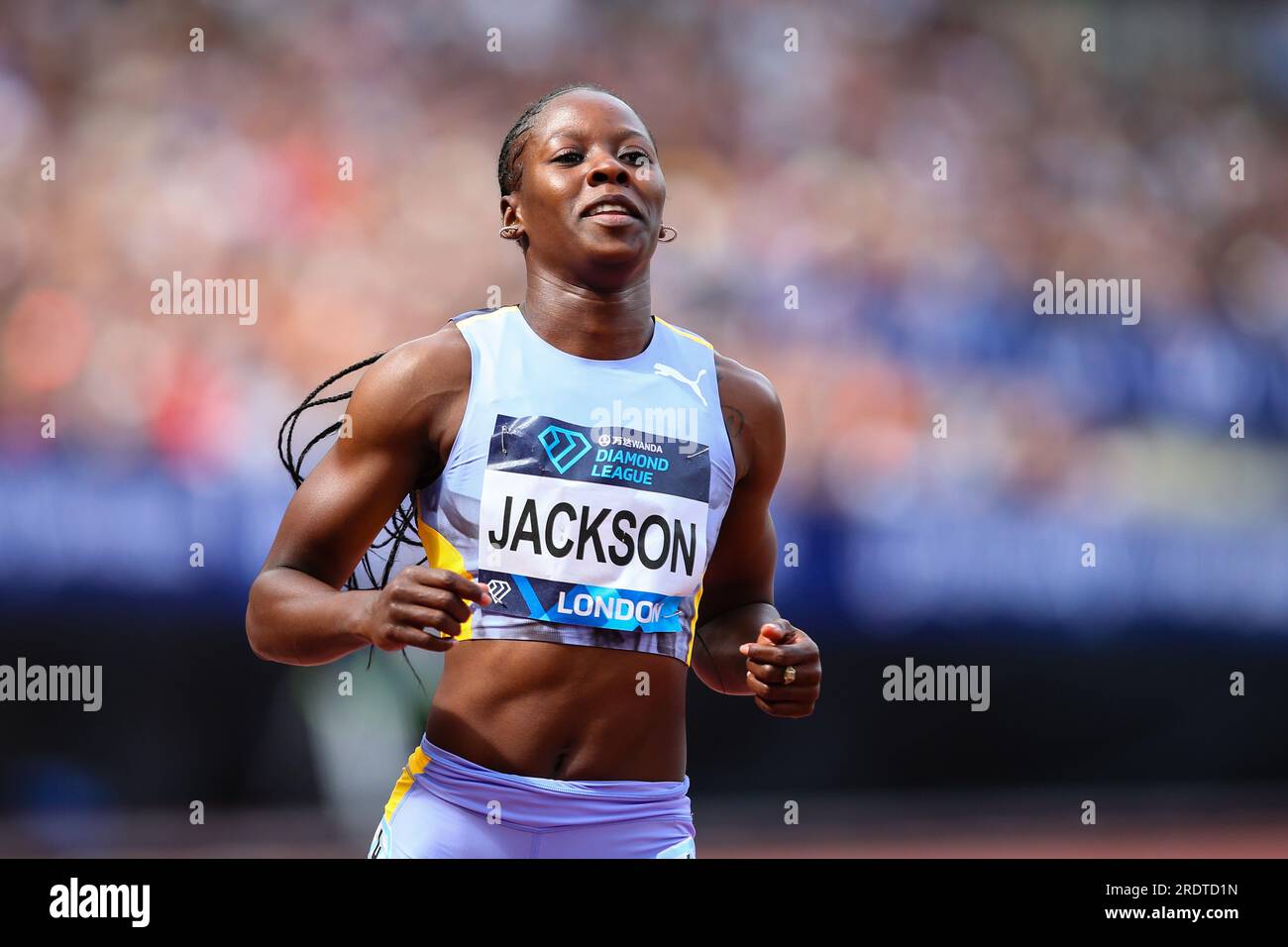 LONDON, UK - 23rd Jul 2023:  Shericka Jackson of Jamaica takes third place in the Women's 100m event during the London Athletics Meet, part of the 2023 Diamond League series at London Stadium.  Credit: Craig Mercer/Alamy Live News Stock Photo