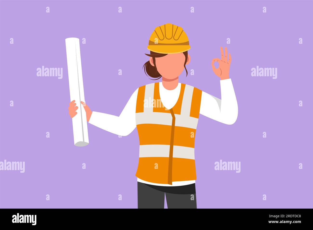 Character flat drawing cute female architect wearing vest and helmet with okay gesture, carrying blueprint paper for the building work plan. Builder o Stock Photo