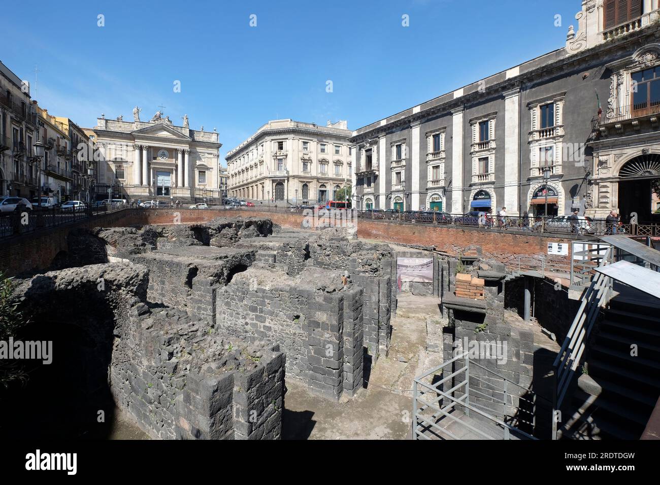 Remains of the Roman amphitheatre at the Piazza Stesicoro. The ancient port city of Sicily. Catania, Italy Stock Photo