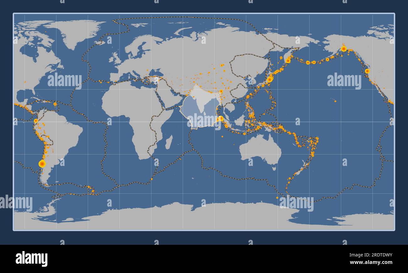 Indian tectonic plate on the solid contour map in the Patterson Cylindrical projection centered meridionally. Locations of earthquakes above 6.5 magni Stock Vector