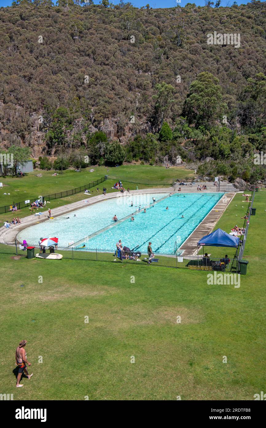 Large public swimming pool hot summers day Cataract Gorge Launceston Tasmania Australia 1 Stock Photo