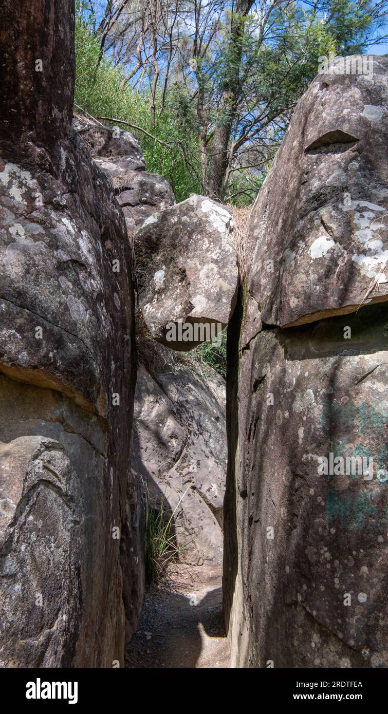 Hanging boulder above Cararact walking path Launceston  Tasmania Australia Stock Photo