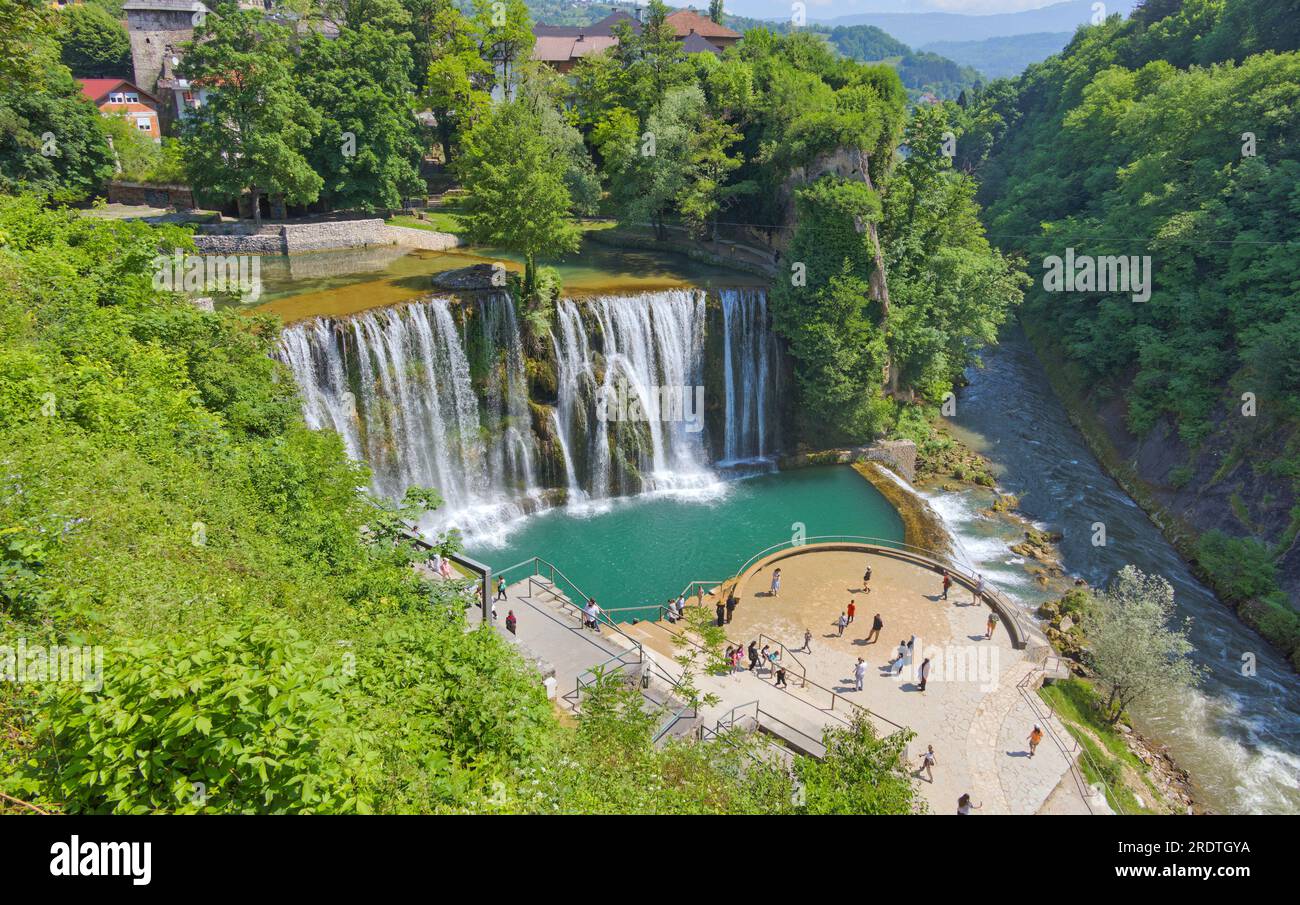 Tourists at the Confluence of Pliva and Vrbas Rivers, Pliva Waterfall