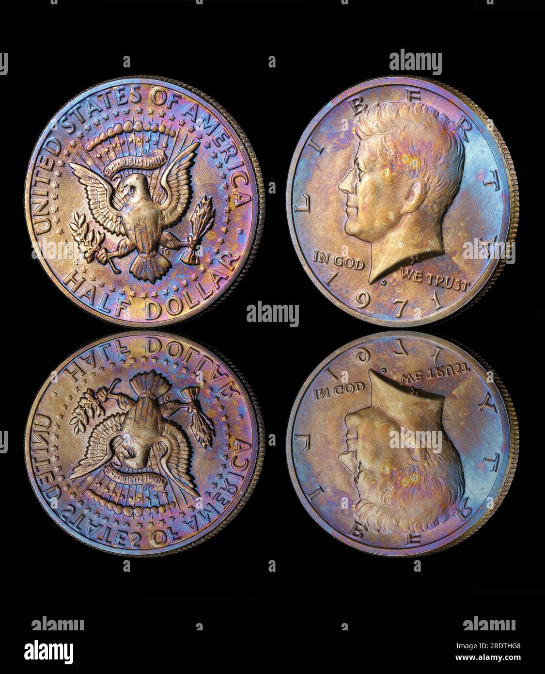 1971 US Half Dollar with rainbow toning. The obverse features a ...