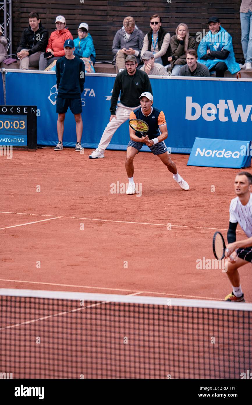 Bstad, Sweden. 23rd July, 2023. Båstad, Sweden. , . Rafael Matos and Francisco Cabral against Gonzalo Escobar and Aleksandr Nedovyesov in the doubles final of the Nordea Open 2023. The pair Gonzalo Escobar and Aleksandr Nedovyesov won in two sets. Credit: Daniel Bengtsson/Alamy Live News Credit: Daniel Bengtsson/Alamy Live News Stock Photo