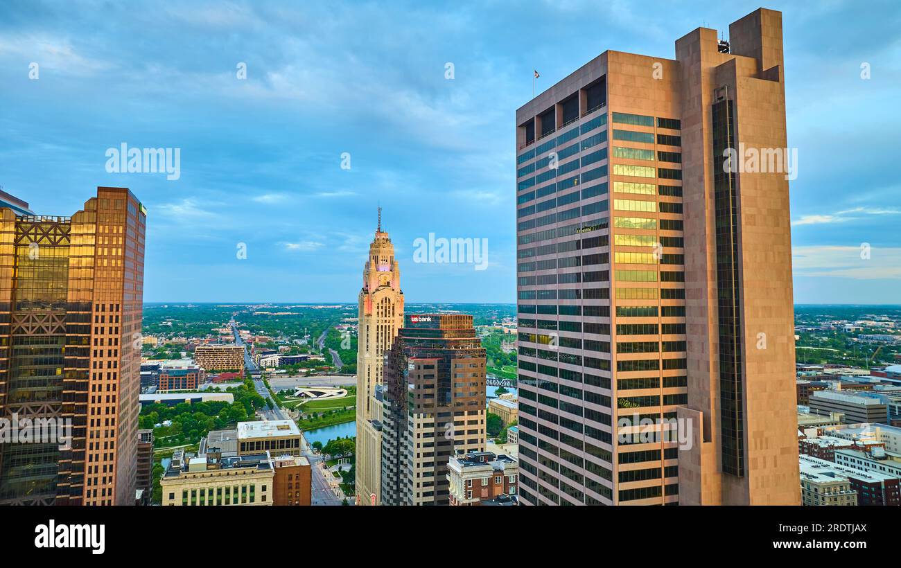 Sunrise aerial Huntington Center and Rhodes State Office Tower Columbus ...