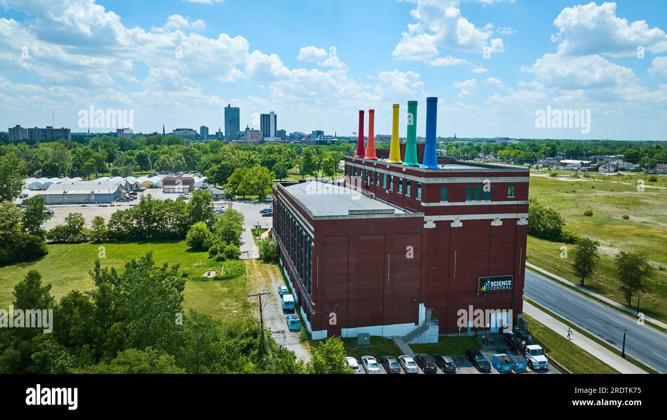 Science Central repurposed electricity power plant with rainbow