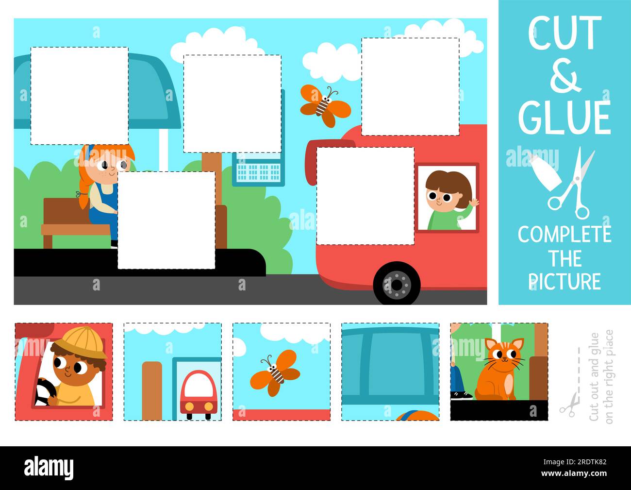 Vector transportation cut and glue activity. Crafting game with cute ...