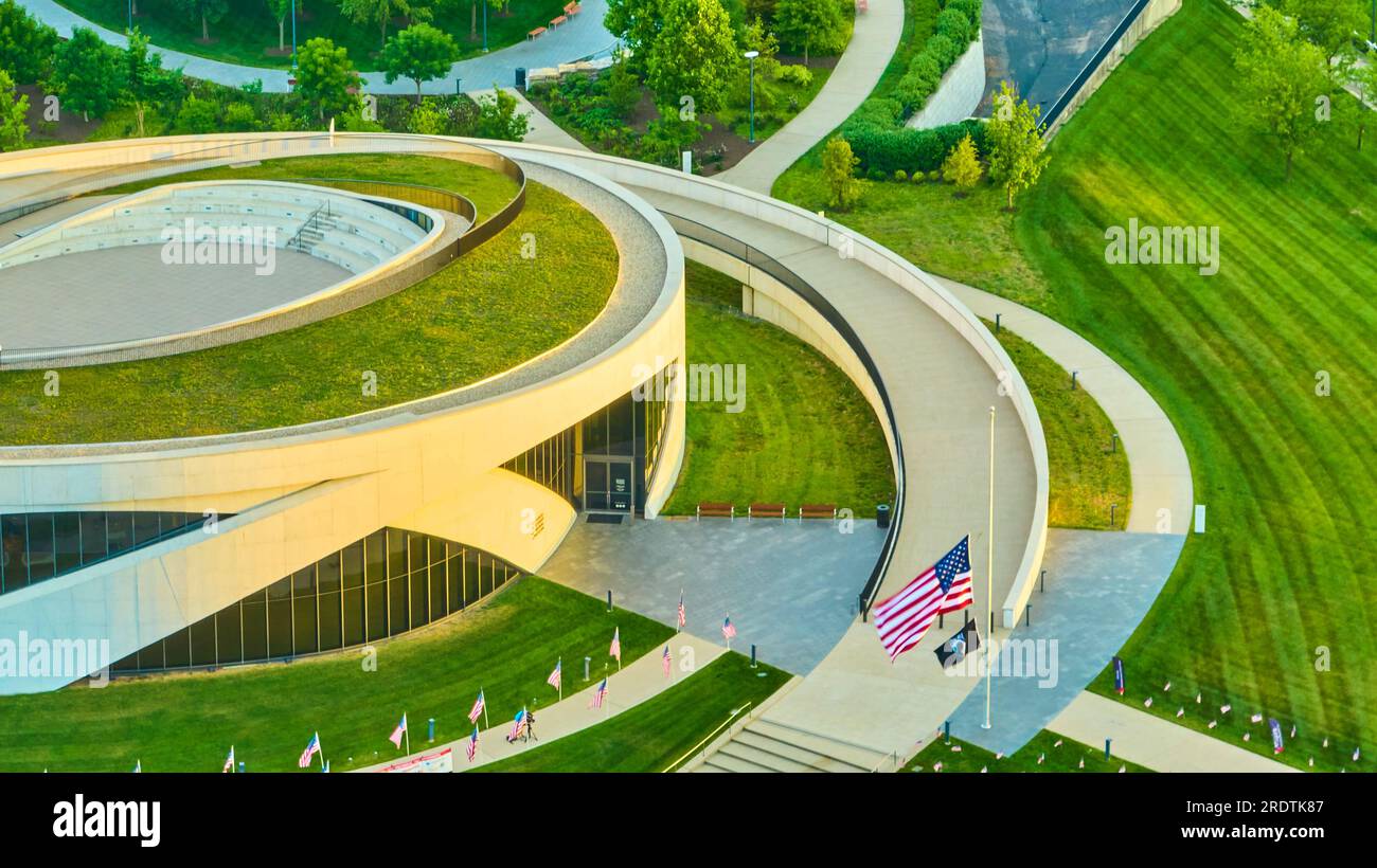 National Veterans Memorial and Museum at sunrise with American flag at
