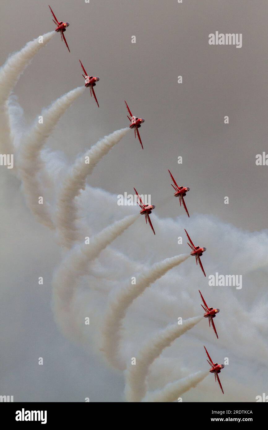 The RAF Red Arrows displaying at the Royal International Air Tattoo 2023. Stock Photo