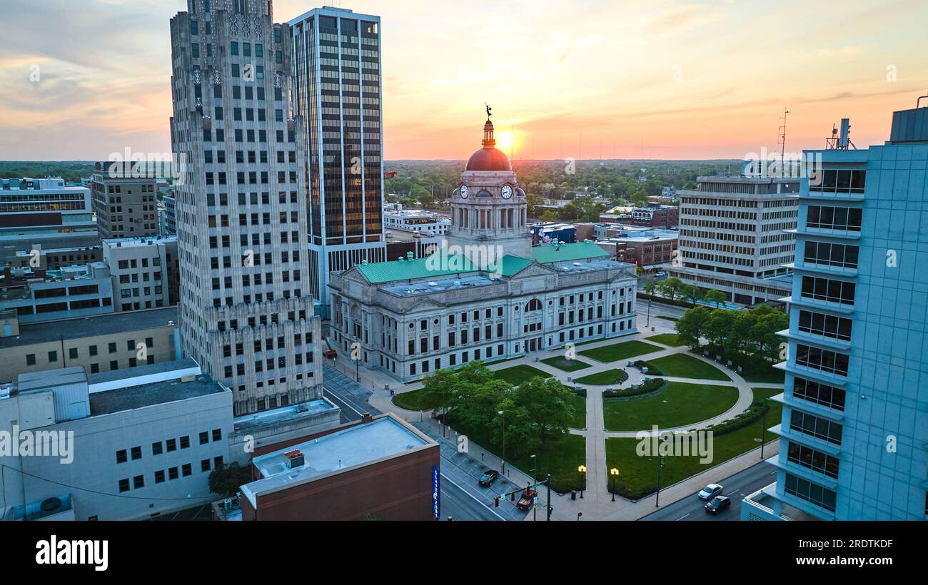 Panorama aerial downtown Fort Wayne golden sunrise summer shot of